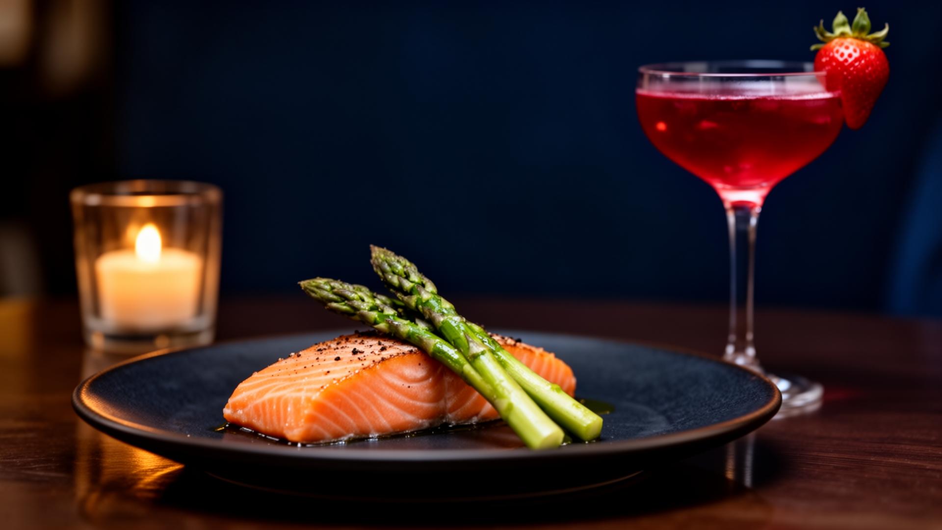 Cinematic plated salmon and signature cocktail at Skye Bar in Mentor, Ohio